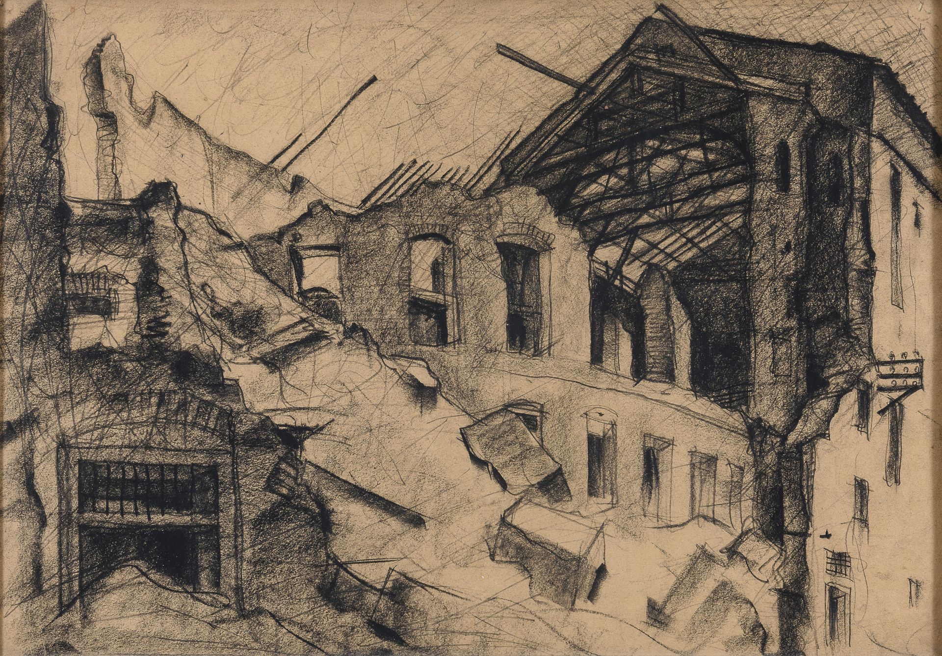 CHARCOAL DRAWING OF THE RUINS OF LIVORNO BY VIRGILIO MARCHI 1946/48