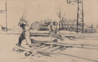 INK DRAWING OF WORKERS BY ALBERTO SUGHI 1952