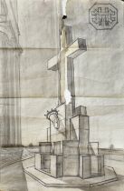 PENCIL DRAWING OF MONUMENTAL TOMB BY VIRGILIO MARCHI