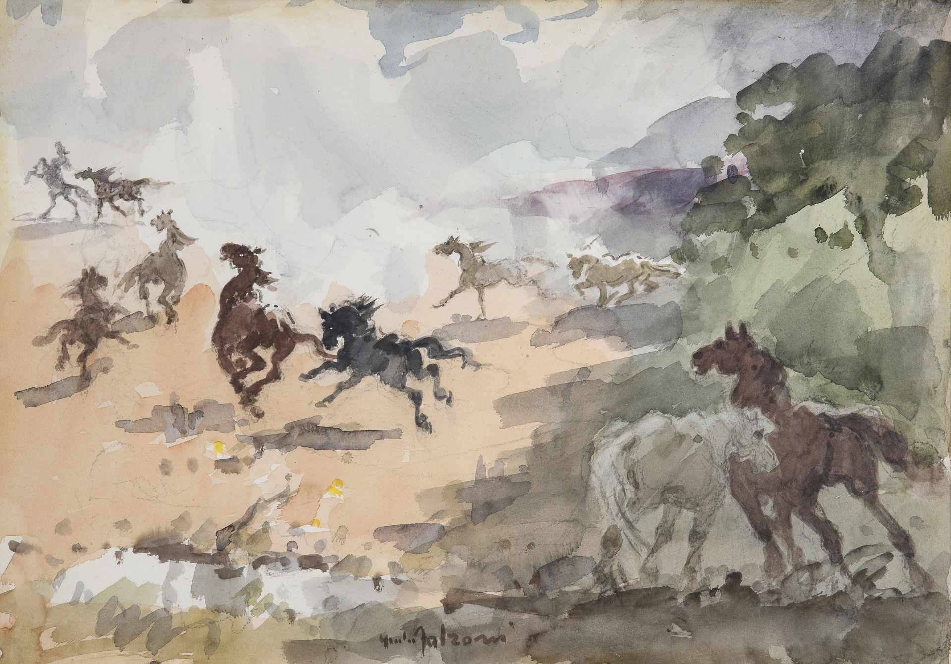 WATERCOLOR OF HORSES BY GIULIO FALZONI 1968