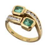 GOLD CONTRAIRE RING WITH TWO EMERALDS AND DIAMONDS