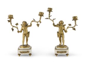 PAIR OF GOLDEN BRONZE TWO-BRANCHED CANDLESTICKS FRANCE END OF THE 18TH CENTURY