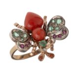 GOLD FANTASY RING WITH RED CORAL EMERALDS RUBIES AND DIAMONDS