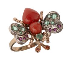 GOLD FANTASY RING WITH RED CORAL EMERALDS RUBIES AND DIAMONDS