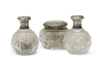 THREE GLASS AND SILVER DRESSING TABLE BOTTLES ITALY ca. 1940.