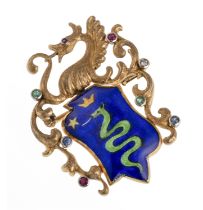 GOLD BROOCH WITH COAT OF ARMS AND DRAGON