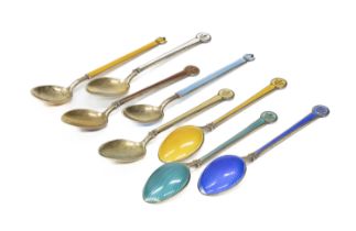EIGHT SILVER AND ENAMEL SPOONS, OSLO ca. 1930.