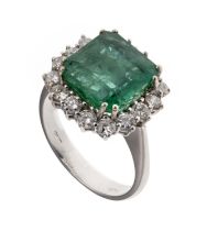 WHITE GOLD RING WITH CENTRAL EMERALD AND DIAMOND