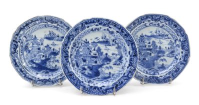 THREE CHINESE BLUE AND WHITE PORCELAIN SAUCERS LATE 18TH CENTURY. SMALL CHIP TO ONE DISH.