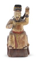 A CHINESE POLYCHROME PAINTED WOOD SCULPTURE DEPICTING LONG WANG MID-20TH CENTURY. DEFECTS.