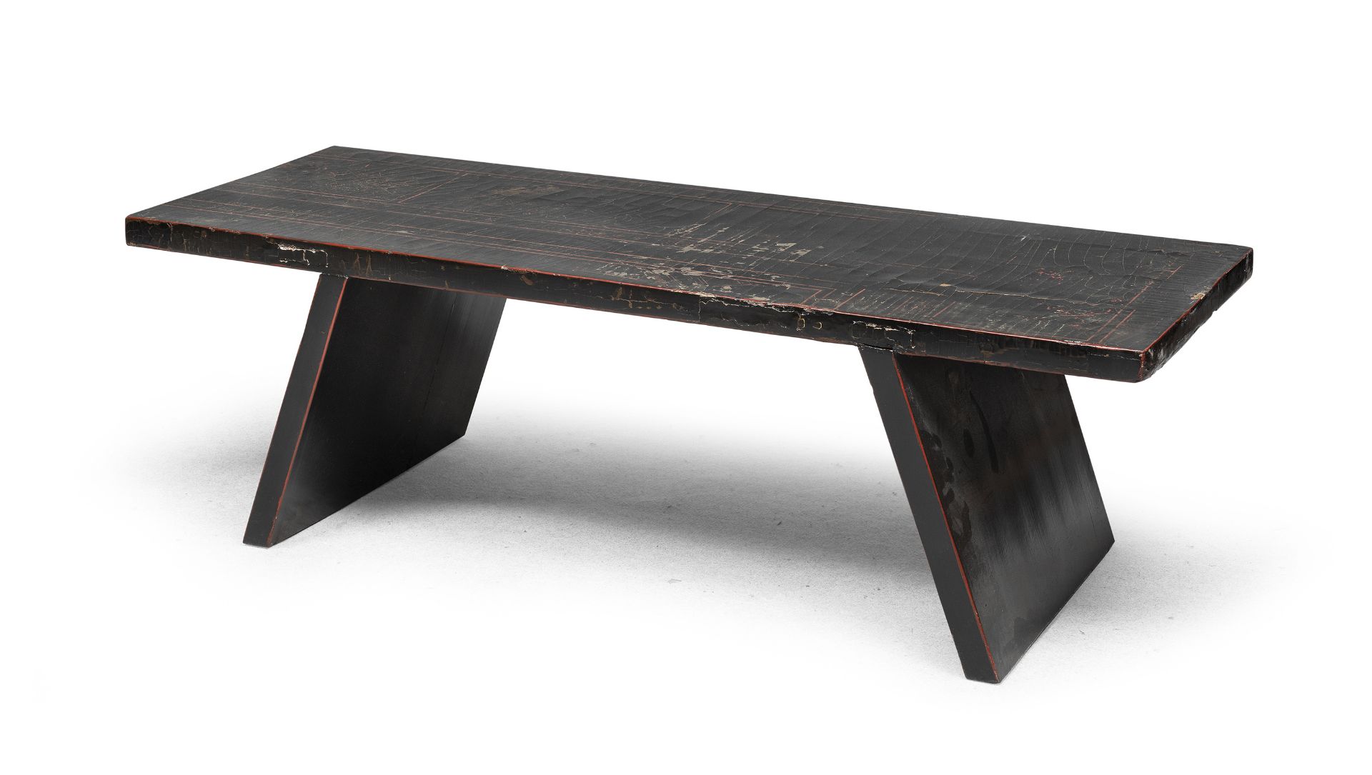 A CHINESE BLACK LAQUER WOOD TABLE WITH 19TH CENTURY TOP.