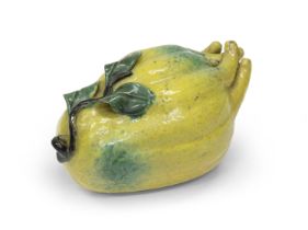 A CHINESE YELLOW AND GREEN GLAZED PORCELAIN SCULPTURE DEPICTING CEDAR 20TH CENTURY.