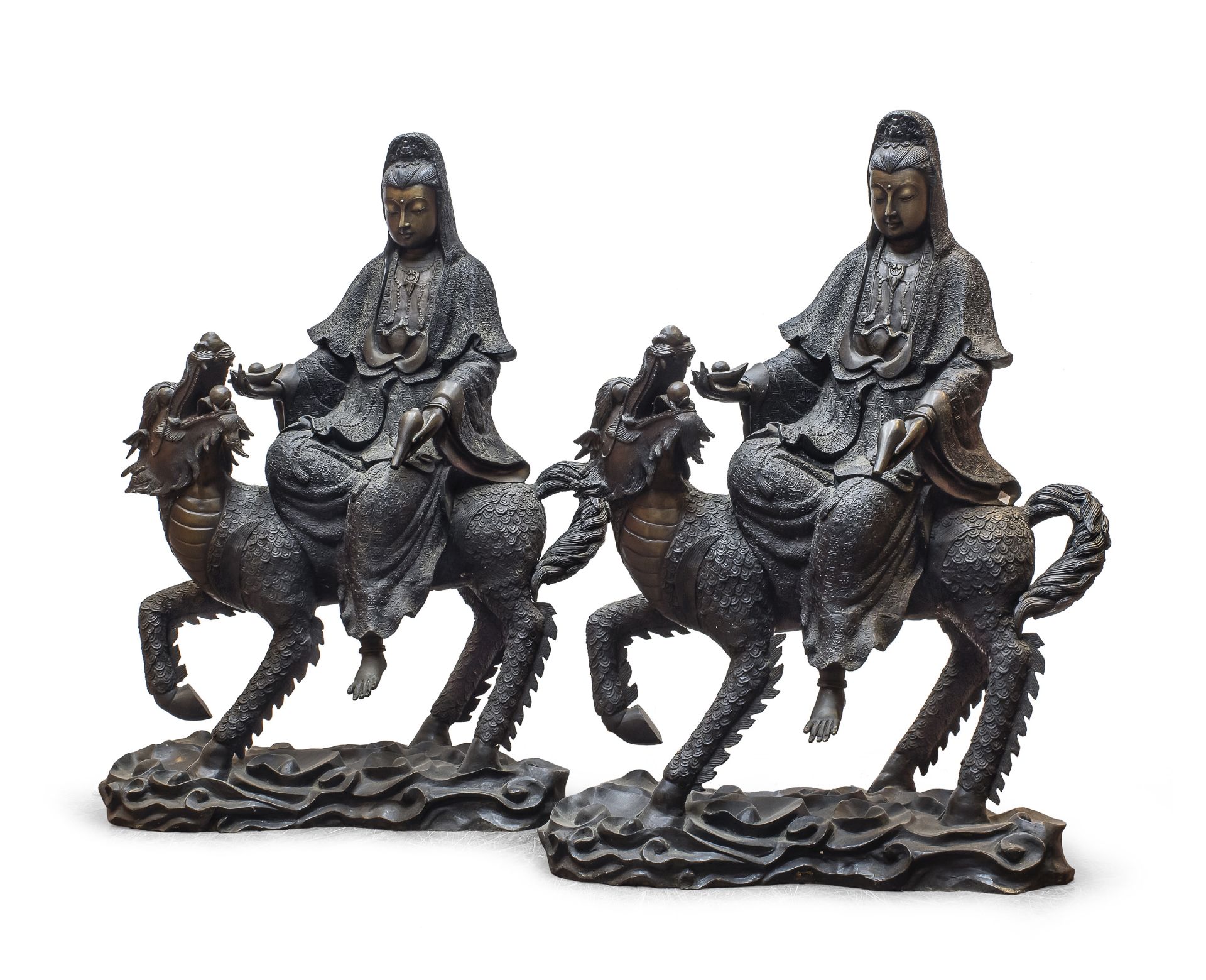 A PAIR OF LARGE BRONZE SCULPTURES DEPICTING MONJU BOSATSU. END 19TH EARLY 20TH CENTURY.