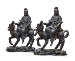 A PAIR OF LARGE BRONZE SCULPTURES DEPICTING MONJU BOSATSU. END 19TH EARLY 20TH CENTURY.