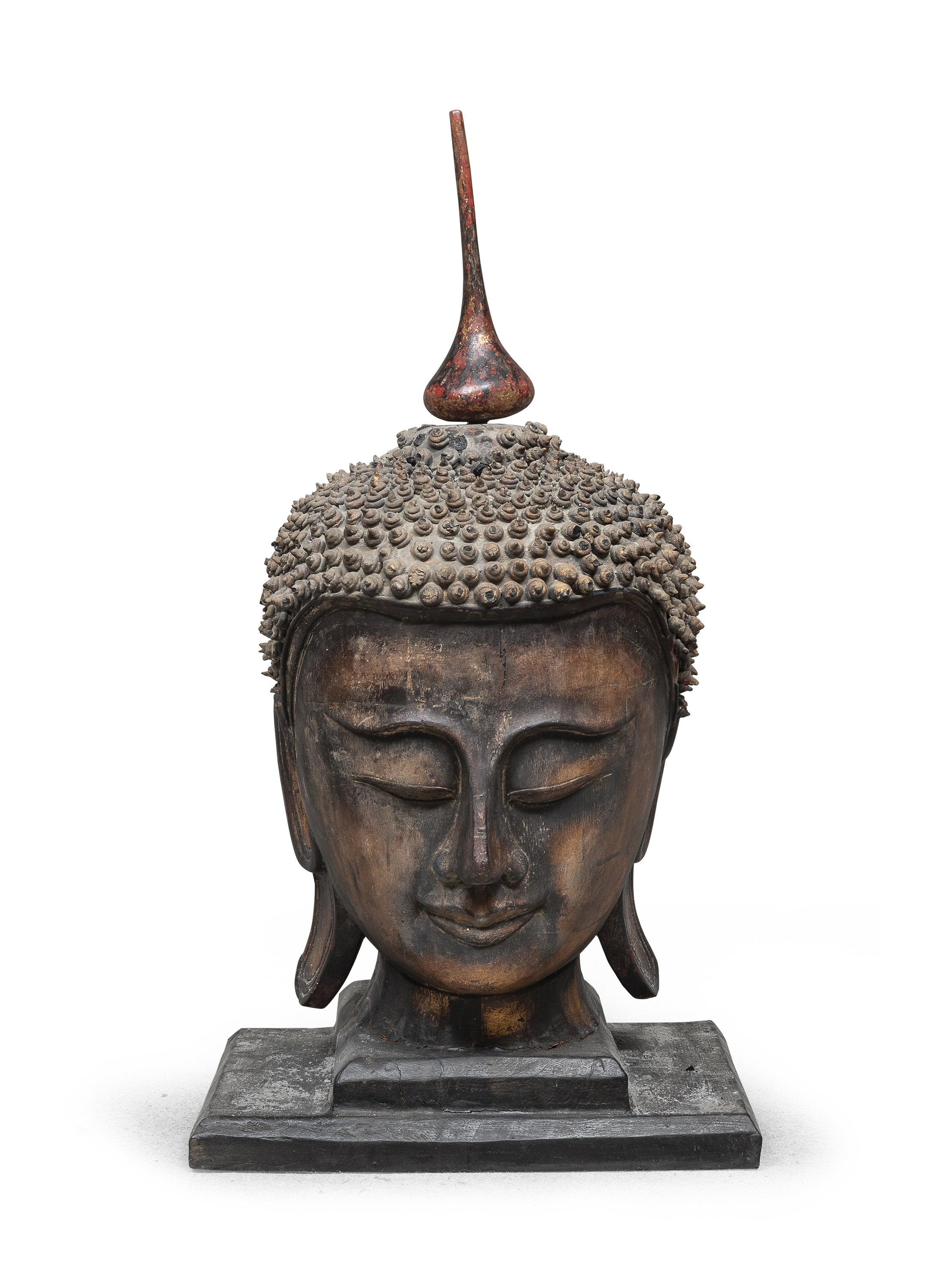 A BURMA GILTWOOD SCULPTURE OF BUDDHA'S HEAD. EARLY 20TH CENTURY. DEFECTS.