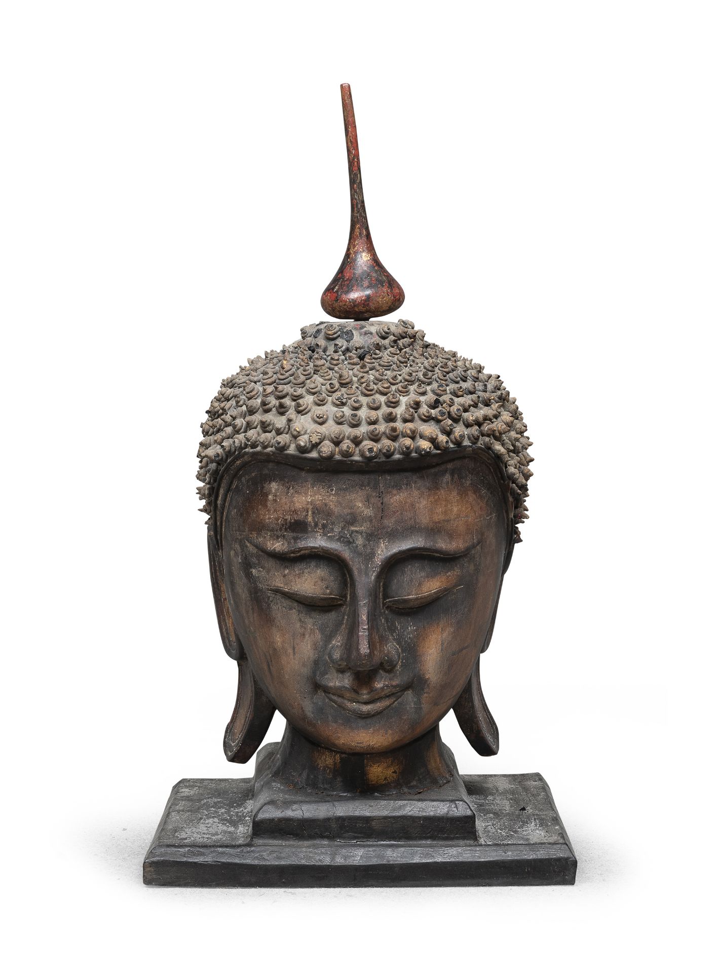 A BURMA GILTWOOD SCULPTURE OF BUDDHA'S HEAD. EARLY 20TH CENTURY. DEFECTS.
