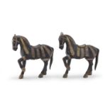 A PAIR OF WOOD SCULPTURES OF PARADE HORSES CHINA EARLY 20TH CENTURY.