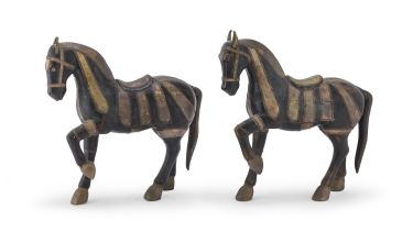 A PAIR OF WOOD SCULPTURES OF PARADE HORSES CHINA EARLY 20TH CENTURY.