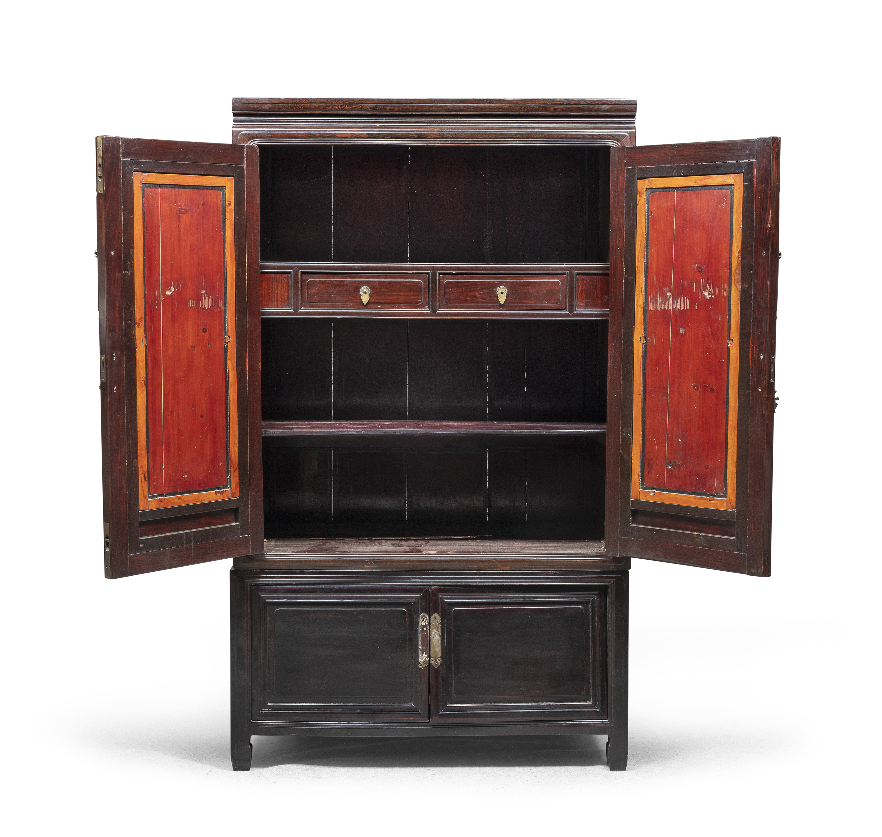 A CHINESE MAHOGANY WARDROBE. MID-20TH CENTURY. DEFECTS AND MISSING PARTS. - Image 2 of 2