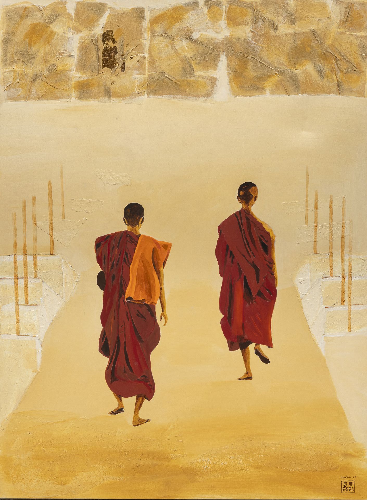 A THAI ACRYLIC AND MIXED MEDIA PAINTING STEPS IN MANDALAY HILL.. SIGNED F. LAUTIEN 2003 20TH CENTURY