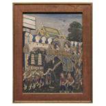 AN INDIAN OIL PAINTING 20TH CENTURY. CELEBRATION WITH ELEPHANT.