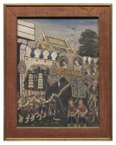 AN INDIAN OIL PAINTING 20TH CENTURY. CELEBRATION WITH ELEPHANT.