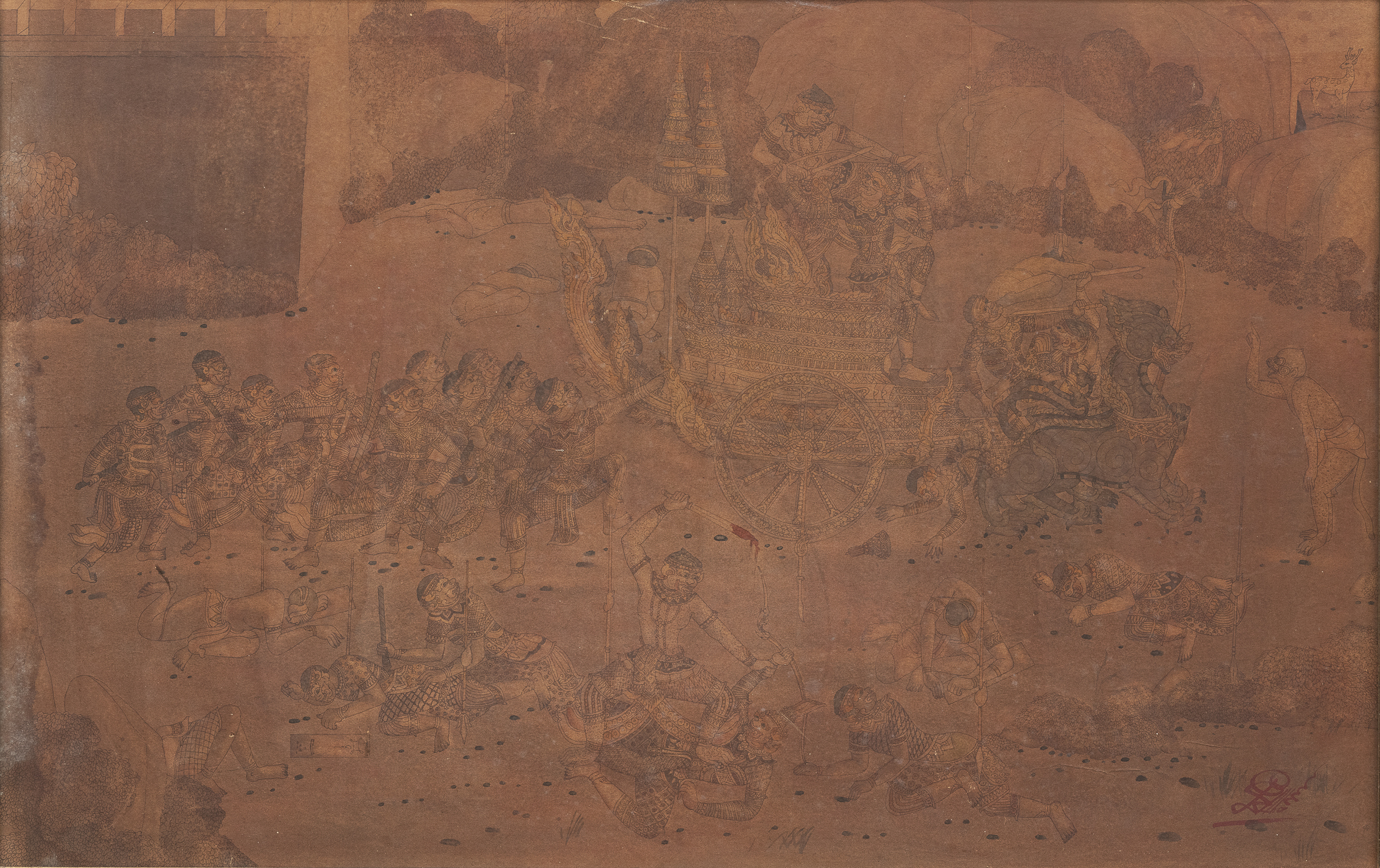 AN ASIAN ENGRAVING 20TH CENTURY. SCENE OF BATTLE. PRINT ON PAPER.