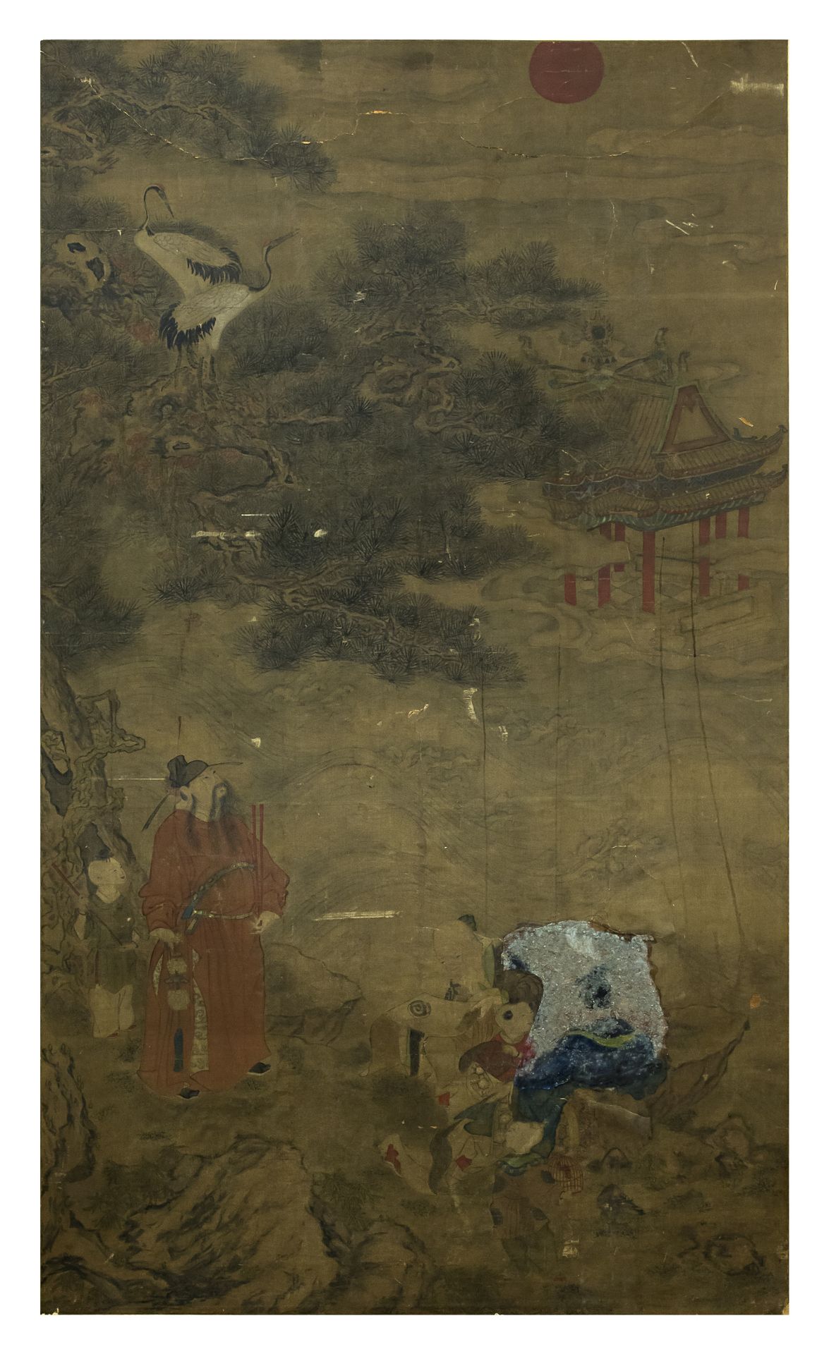A CHINESE MIXED MEDIA PAINTING ON SILK 16TH CENTURY. DEFECTS.