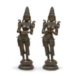 A PAIR OF INDIAN BURNISHED BRONZE SCULPTURES DEPICTING DEEPALAKSHIMI 20TH CENTURY