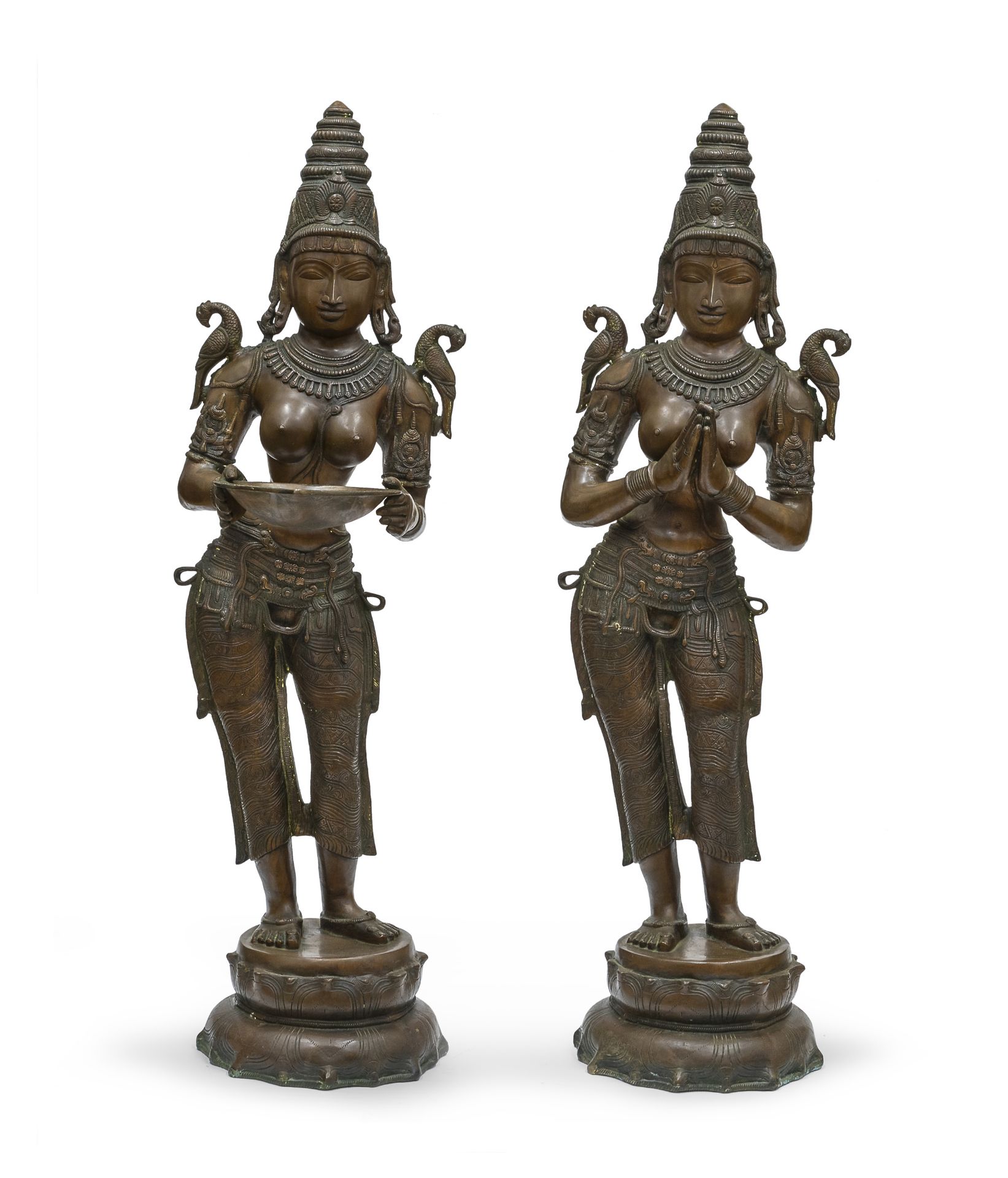 A PAIR OF INDIAN BURNISHED BRONZE SCULPTURES DEPICTING DEEPALAKSHIMI 20TH CENTURY