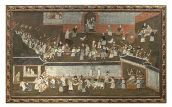 A CHINESE OIL PAINTING 18TH CENTURY. IMPERIAL CELEBRATION. DEFECTS.