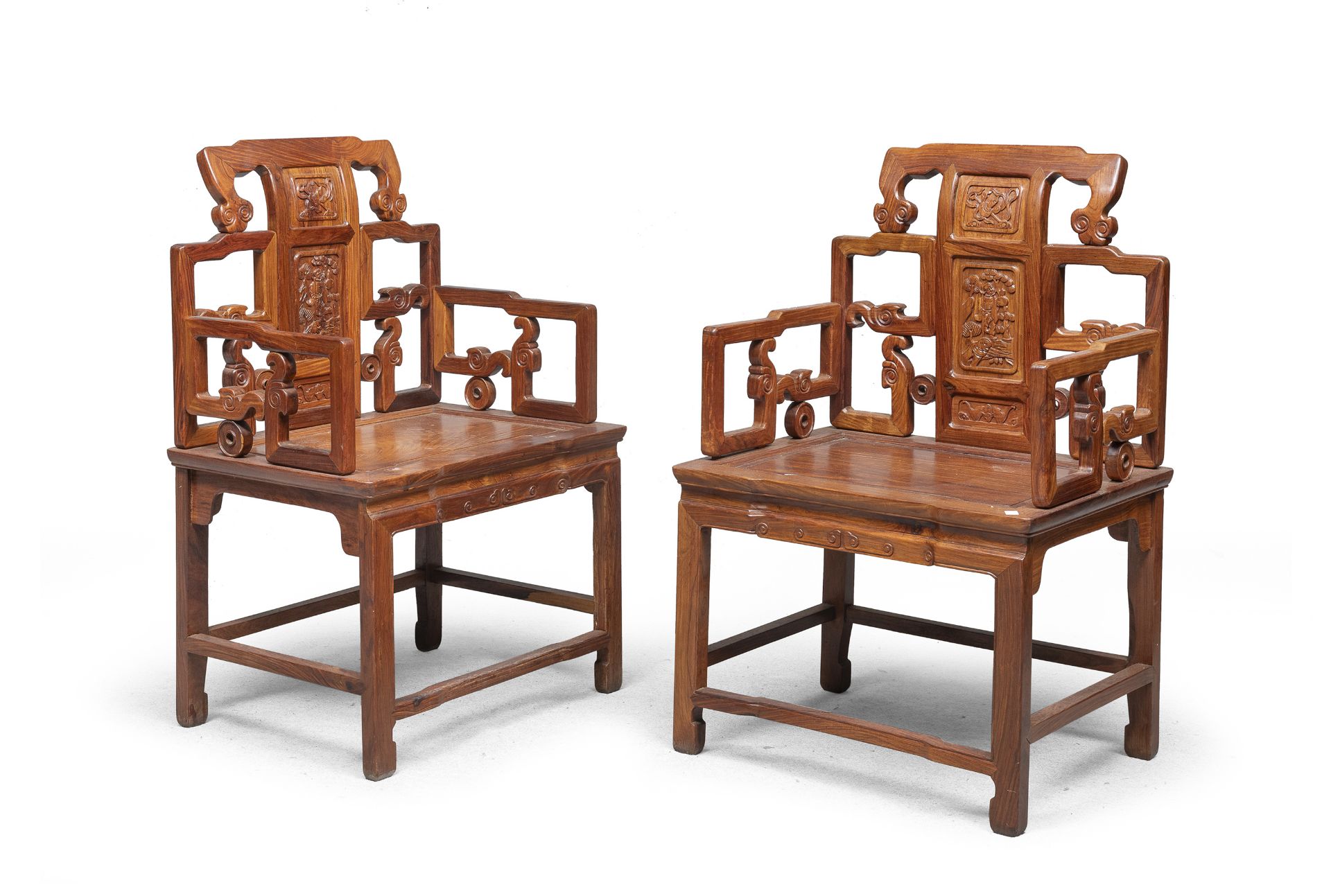 A PAIR OF CHINESE ROSE WOOD ARMCHAIRS. MING STYLE 20TH CENTURY.