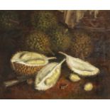 A CHINESE OIL PAINTING. DURIAN FRUIT. SIGNED.