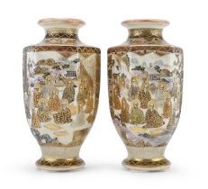 A PAIR OF JAPANESE POLYCHROME AND GOLD ENAMELED SATSUMA CERAMIC VASES LATE 19TH CENTURY.