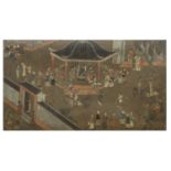 A CHINESE OIL PAINTING 18TH CENTURY. SCENE WITH EMPEROR INSIDE THE WALL. DEFECTS
