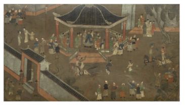A CHINESE OIL PAINTING 18TH CENTURY. SCENE WITH EMPEROR INSIDE THE WALL. DEFECTS