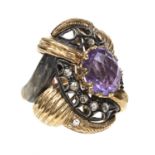 GOLD RING WITH SEMI-PRECIOUS STONE AND DIAMOND CONTOUR