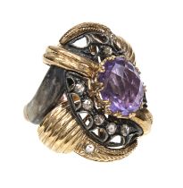 GOLD RING WITH SEMI-PRECIOUS STONE AND DIAMOND CONTOUR