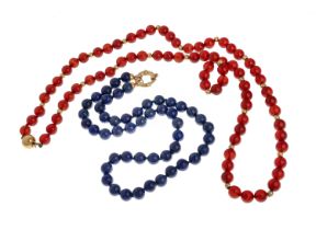 A CARNELIAN NECKLACE AND A LAPIS LAPIS LAZULI NECKLACE