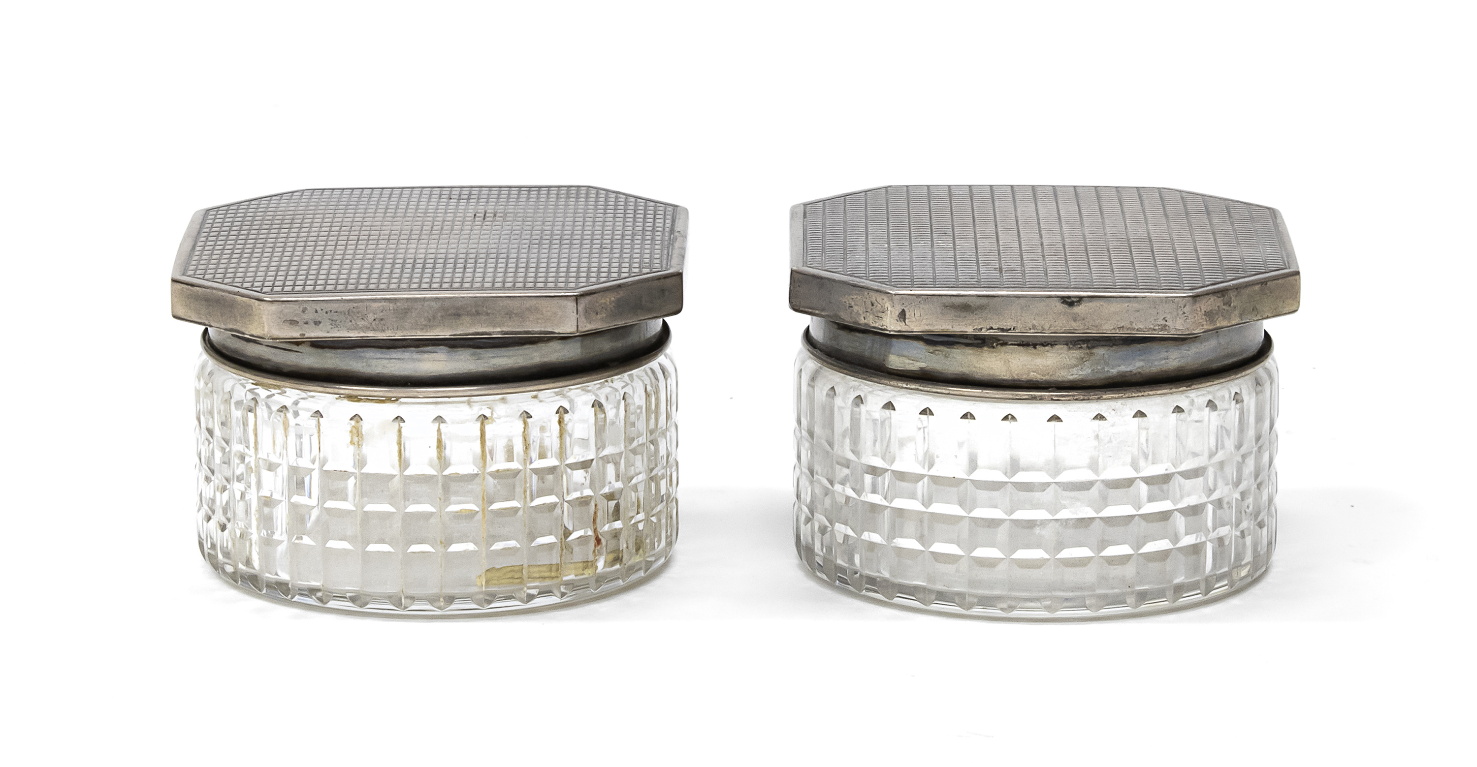 PAIR OF GLASS AND SILVER POWDER TINS ITALY EARLY 20TH CENTURY