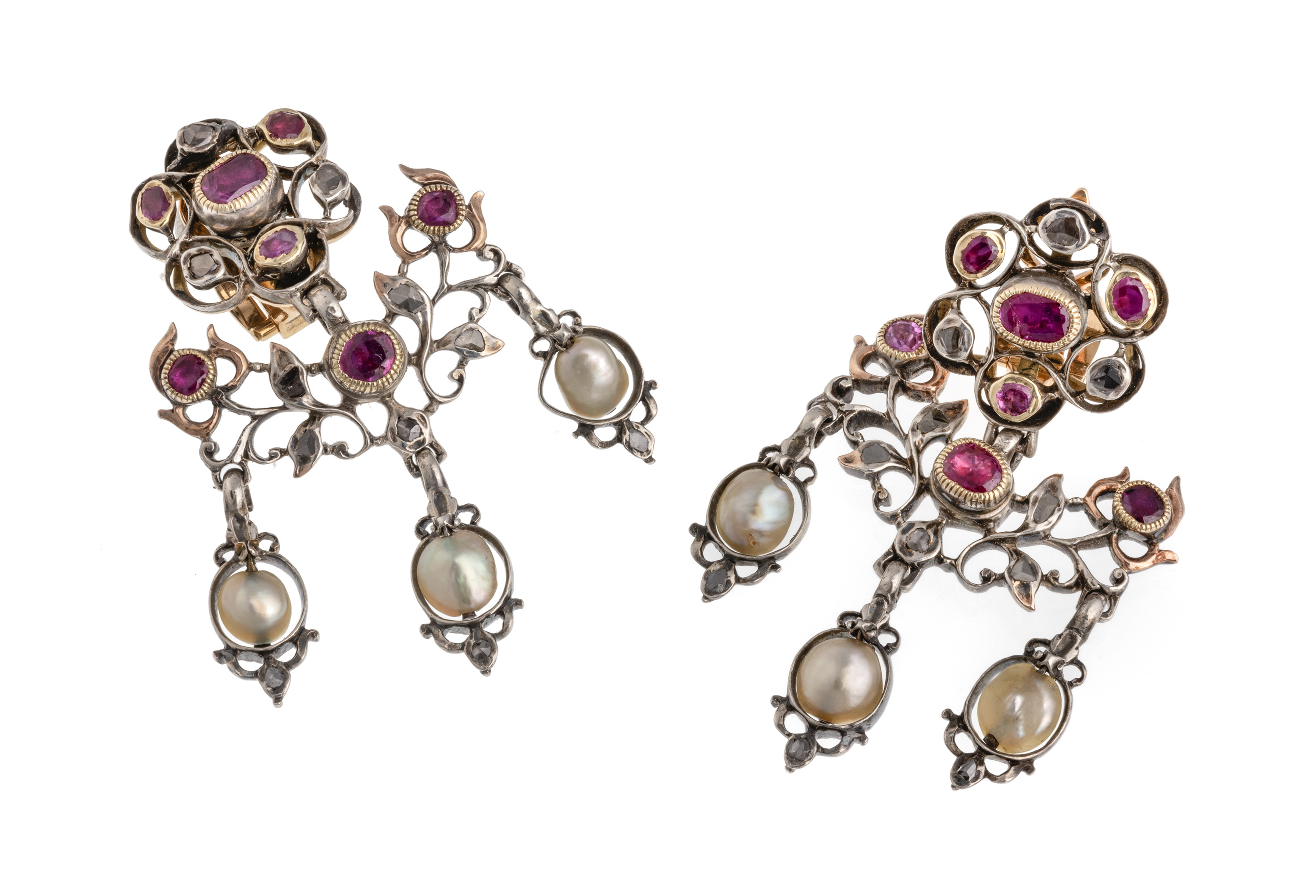 GOLD AND SILVER EARRINGS WITH PEARLS DIAMONDS AND SEMI-PRECIOUS STONES