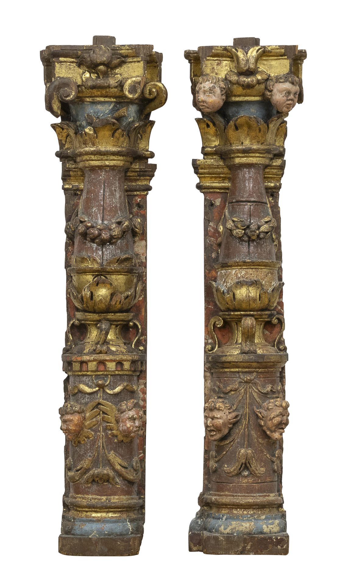 PAIR OF SMALL LACQUERED WOOD COLUMNS NORTHERN ITALY 17TH CENTURY