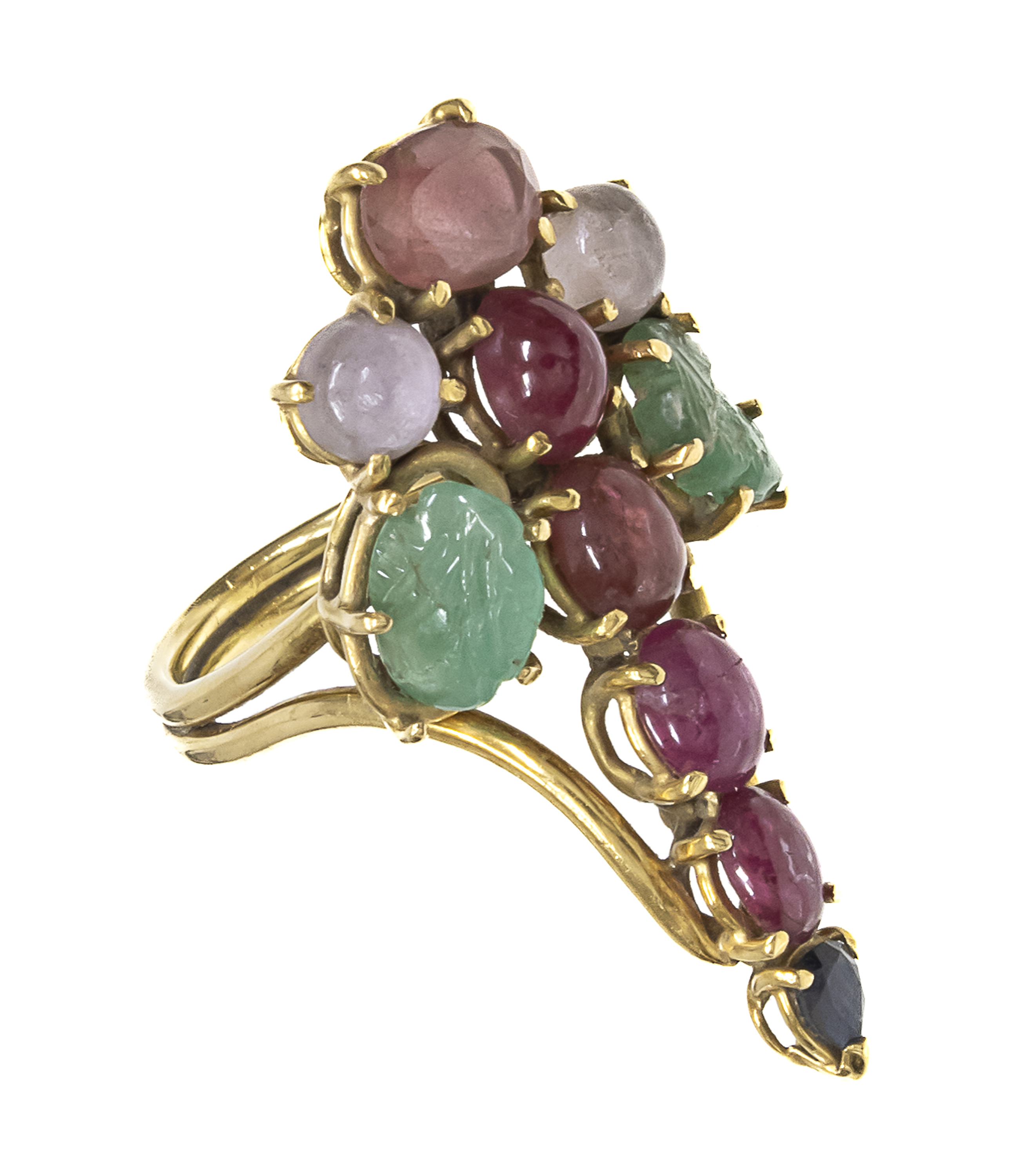 GOLD FANTASY RING WITH RUBIES SAPPHIRES AND HARDSTONES