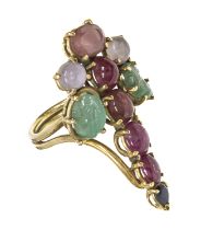 GOLD FANTASY RING WITH RUBIES SAPPHIRES AND HARDSTONES