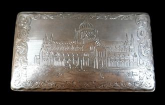 A Dutch silver trinket box, it lid engraved with a cathedral design and scroll borders, inscribed