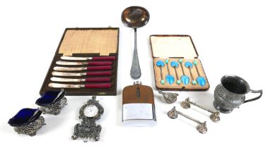 A cased associated set of six silver and enamel coffee spoons, with turquoise backs,