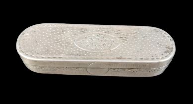 A George III silver snuff box, of oblong form, bright cut decoration, hinged lid with parcel gilt