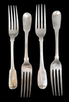 Four George III silver fiddle pattern table forks, with armorial crests, William Eley I, William