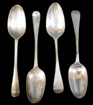 Four George II and later silver table spoons, comprising two rat tail pattern spoons, Alexander