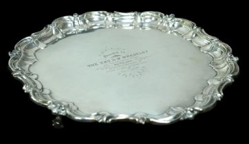 A Edwardian silver salver, with presentation inscription 'Presented to The Rev. S. W. Wheatley on
